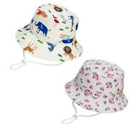 2Pcs Baby Sun Hat, Adjustable Bucket Hats for Toddler Kids, Cartoon Animal Flower Pattern Summer Bucket Hats Adjustable Baby Hat with Chin Strap for Boys Girls 2-5 Years