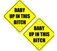 2PCS Baby Up in This B Car with Suction Cups, 5"x5" Reusable Baby on Board Sticker, Baby Safety Warning Decal for Cars