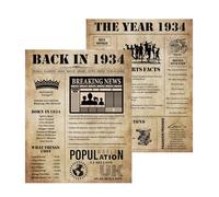 2PCS Back in 1934 Birthday Poster A4 Size Unframed - 91th Birthday Gifts for 91 Years Old Women or Men, Vintage Party Decor Table Decoration or Couple Celebrating Their 91th Wedding Anniversary