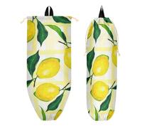 2PCS Bag Holders For Plastic Bags Gold Lemon Watercolor Checkered Farmhouse Recycle Bag Organizer Plastic Bag Dispenser Wall Mount Grocery Store Bag Holder for Travelling