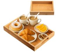 2Pcs Bamboo Serving Trays with Handles, Small & Large | Rectangular bamboo platters, food tea breakfast tray for coffee table, kitchen and dinner use