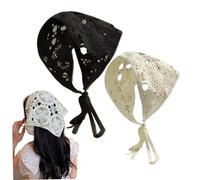 2Pcs Bandana Headband Breathable Crochet Bandana Knitted Head Scarf with Ties Hallow Floral Vintage Head Kerchief for Girls Hair Accessories Black ＆ Beige Crochet Scarf