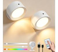 2PCS Battery Operated LED Wall Lights, Rechargeable Wall Sconce Indoor with Remote Control, 3 Brightness Levels, 12 RGB, 360° Rotatable Touch Control, Cordless Wall Lamp for Living Room Bedroom