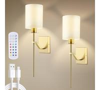 2Pcs Battery Operated Wall Sconces, Rechargeable Wall Sconce with Touch & Remote Dimmable, Wall Lamp with Fabric Lampshade, Detachable Charging Bulbs Sconces for Hallway Bedroom Livingroom (Gold)