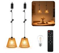 2Pcs Battery Powered Outdoor Pendant Lights,Portable Rattan Pendant Lights Outdoor Hanging Chandeliers with Remote Control & Timer,Rattan Boho Dimmable Ceiling Light for Gazebo Porch Patio Decor