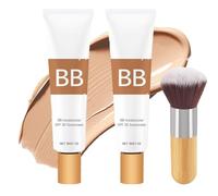 2Pcs BB Blur Tinted Moisturizer with Brush, BB Cream Tinted Moisturiser Spf 30+, Face Cream with Broad Medium Spectrum，Hydrates & Smooths Your Skin(Natural)