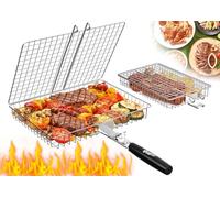 2PCS BBQ Grilling Basket with 1 Removable Wooden Handle, Foldable Stainless Steel Portable Camping Grill Basket for Vegetables, Fish, Meat & Seafood, Gifts for Men Dad Husband