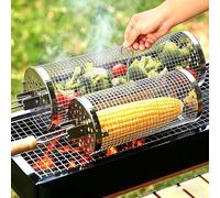 2PCS BBQ Rolling Grill Basket Set, Removable Wooden Handle, 304 stainless steel, Nesting Grilling Net, BBQ Accessories Tools for Vegetables Shrimp,Outdoor Cooking Camping, Birthday Gifts for men Dad