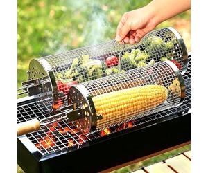 2PCS BBQ Rolling Grill Basket Set, Removable Wooden Handle, 304 stainless steel, Nesting Grilling Net, BBQ Accessories Tools for Vegetables Shrimp,Outdoor Cooking Camping, Birthday Gifts for men Dad