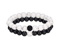 2PCS Bead Bracelets,Kucheed 8mm Natural Crystal Energy Stone Elastic Bangle,Yoga Black Matte Agate & White Howlite Bracelet,Couples Friendship Handmade Beads Bracelet Jewelry for Women Men