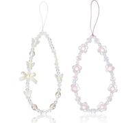 2Pcs Beaded Phone Bracelet Strap, Crystal Butterfly Flower Pearl Phone Beaded Wrist Strap Phone Bracelet Lanyard For Women Phone Keychain Charm (White, Purple)