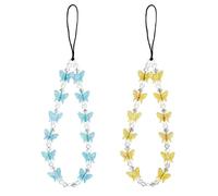 2pcs Beaded Phone Bracelet Strap, Crystal Butterfly Pearl Beaded Phone Charm Chain Strap Hand Wrist Lanyard for Telephone Keychain Charm for Women Girls (Blue, Yellow)