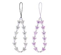 2Pcs Beaded Phone Bracelet Strap, Crystal Butterfly Pearl Beaded Phone Charm Strap Hand Wrist Lanyard for Telephone Keychain Charm for Women Girls (Purple, White)