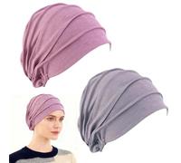 2Pcs Beanie Hats for Women UK, Women's Soft Chemo Beanie Hat, Head Scarf for Women UK Chemo, Cotton Slouchy Turban Headwear, Head Scarf for Cancer Patients Hair Loss Chemotherapy, Purple and Grey