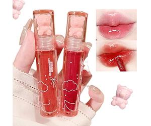 2Pcs Bear Lip Glaze Jelly Lipstick,Liquid Lipstick Cute Bear Lipgloss Moisturizing Lip Stain Plumping Water Lip Gloss Waterproof Long Lasting Cheek Rouge Tint Cosmetics Bear Beauty Makeup