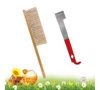 2pcs Bee Hive Brush and Bee Hive Scraper Set, Metal J Hook Bee Hive Tool Hive Frame Lifter Gripper Bee Brush with Wooden Handle Beekeeping Supplies Equipment for Bee Keepers