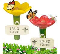 2Pcs Bee Watering Cups for Garden - Resin Flower Bee Waterer, Bees Watering Stations with Stake, Flower Shaped Garden Pollinators Drinking Cups for Outdoor Beehive Grassland Flowerpot (Red+Yellow)