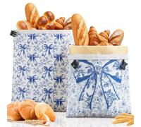 2PCS Beeswax Bread Bag 43x32cm, Reusable Bees Wax Bread Bags with Removable Clip for Sourdough Baguette Homemade Loaf Storage, Blue Floral Bow Kitchen Food Wrap Bags