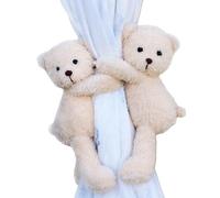 2PCS Beige Bear Curtain Tiebacks, Soft Fluffy Cute Cartoon Animals Curtain Holdbacks Holder Straps with Elastic Button, Curtain Tie Backs for Bedroom Home Decor