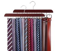 2pcs Belt Hanger for Closet, Wooden Stainless Steel 2 in 1 Belt Tie Holder Organizer with 14 Hooks Tough Foldable Tie Hanger Rack Accessories for Closet Organize Storage