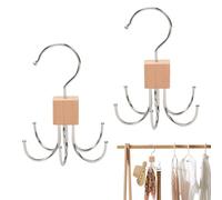 2Pcs Belt Hanger for Wardrobe 360° Rotatable Tie Hanger with 6 Heavy Duty Anti Slip Hooks Tie Rack Hangers Wooden Scarf Hangers for Tie Scarve Bra Hat Sock Glove Belt Storage (14x10.5cm, Log)