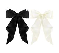 2pcs Big Bow Hair Clips with Long Silky Satin,Solid Color Ribbon Hair Clip French Barrette Simple Vintage Accessories for Valentine's Day, birthdays, Christmas Party Gift.(black and white)