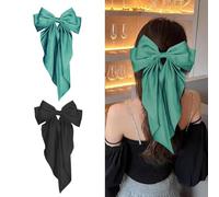 2Pcs Big Satin Hair Clips for Women & Girls - 37cm Long Tail French Bow Hair Barrettes, Soft Silky Hair Accessories for Daily Wear, Holiday, Wedding (Black and Green)