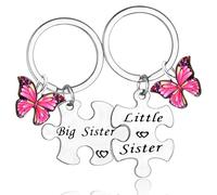 2PCs Big Sister Little Sister Keyring - Sis Gifts Puzzle Matching Set With Pink Butterfly Charm for Christmas Birthday - Jewellery