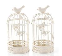 2PCS Bird Cage Candle Holders, Decorative Birdcage Vintage Metal Hollow out Candle Lanterns for Home Decoration Wedding (White)