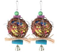 2PCS Bird Chew Shredder Foraging Toy Natural Rattan Ball Preening Toy with Paper Strips Bell Toy for Cockatiel Conure African Grey Cage Accessories (A)
