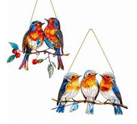 2PCS Bird Suncatcher, Stained Glass Effect Robin Window Hanging Ornament, Acrylic Garden Decoration for Home, Outdoor Patio and Bird Lovers Gift