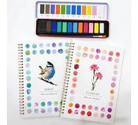 2Pcs Birds & Flowers Watercolour Set for Beginners, Complete Art Kit with 12 Paints, Brush & Sketch Pads, Pre-Sketched Book & Step-by-Step Guide for Adults & Teens
