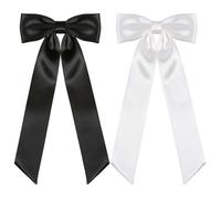 2Pcs Black and White Large Bow Hair Clips - Elegant Long Ribbon French Barrettes for Women Girls, Silky Satin Hair Accessories for School Party Wedding Daily Wear Coquette Styling Gift