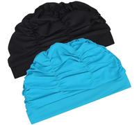 2pcs Black Elastic Swim Cap for Women and Adults with Pleated Design | Polyester Cloth, Stretch-fit Band, Spacious Interior, for Braids and Dreadlocks during Swimming Aqua Fitness