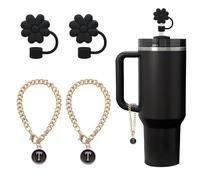 2Pcs Black Flower Straw Covers Toppers for Stanley Cup Accessories, 2PCS Letter Charms,Personalised Stanley Straw Cover 10mm Dustproof - Great Gift for Family, Friends, and Loved Ones (T)