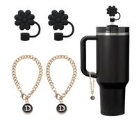 2Pcs Black Flower Straw Covers Toppers for Stanley Cup Accessories, 2PCS Letter Charms,Personalised Stanley Straw Cover 10mm Dustproof - Great Gift for Family, Friends, and Loved Ones (D)