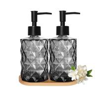 2PCS Black Glass Soap Dispenser Set, 12 oz Diamond Hand and Dish Soap Dispenser Set with Tray & Plastic Pump, Clear Refillable Liquid Soap and Lotion Dispenser Set Kit, for Kitchen, Bathroom