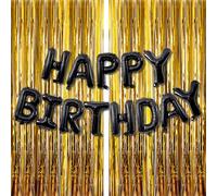 2PCS Black Gold Birthday Party Decorations Gold Tinsel Foil Curtains Door Streamers with 16 Inch Black Happy Birthday Balloons Banner Foil Fringe Curtain Background for Birthday Decorations