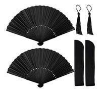 2pcs Black Hand Fan, Foldable Hand Fan, Summer Fan Folding Fan, Chinese Style Wedding Hand Fan With 2pcs Fan Storage Bag, 2pcs Black Tassel Accessories