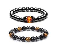 2PCS Black Obsidian Bracelet Set, Obsidian Bracelet With Tiger Eye Beads, Obsidian Bracelet Men & Women, Stretch Black Stone Energy Bracelets For Protection And Grounding, One Size, Acetate, no