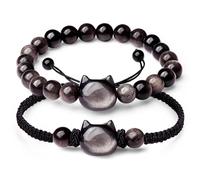 2pcs Black Obsidian Feng Shui Bracelets with Cat Charm Elastic Good Luck for Men Women Spiritual Protective Gemstone Jewelry