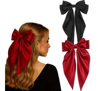 2PCS Black & Red Satin Ribbon Bow Hair Clips - Double Layer Barrettes with Long Tails & Durable Metal Clip - Detachable Bows for Girls & Women - Christmas Hair Accessories for Party Wedding School