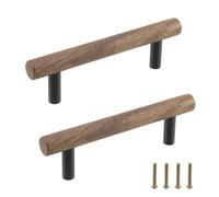 2PCS Black Walnut T Bar Cabinet Pulls with Metal Base, 3.78" Hole Centers