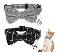 2PCS Blue and White Plaid Cat Collar with Bells, Cat Collar Breakaway Bowtie with Bells, Removable Bow Tie Collars, Cute Plaid Kitten Collars Bowtie(Color 2)