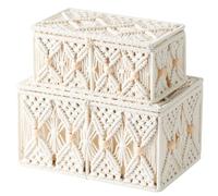 2PCS Bohemian Macrame Storage Basket with Lid Organza Gift Bags Decorative Wood Beads Jewelry Box Bin Handmade Woven Natural Cotton Makeup Organizer Shelf Container (1 Large 1 Small)