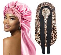 2Pcs Bonnets for Black Women Braid Bonnet, Large Long Bonnet Satin Bonnet for Braids,Black Women Silk Bonnet with Stretchy Tie Band Braid Bonnet for Sleeping Extra Long (Pink & Leopard)