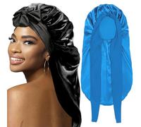 2Pcs Bonnets for Black Women Braid Bonnet, Large Long Satin Silk Bonnet with Stretchy Tie Band Sleep Cap Hair (Black&Blue)
