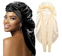 2Pcs Bonnets for Black Women - Braid Bonnet, Satin & SilkSleep Cap with Stretchy Tie Band (2Pcs-Black&Gold)