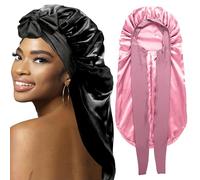 2Pcs Bonnets for Black Women Braid Cap, Large Long Satin Bonnet for Braids, Silk Cap with Stretchy Tie Band Sleep Cap Hair (2Pcs-Black&Rose Pink)