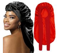 2Pcs Bonnets for Black Women Braid, Large Long Satin Silk Bonnet with Stretchy Tie Band Sleep Cap Hair (Black&Red)